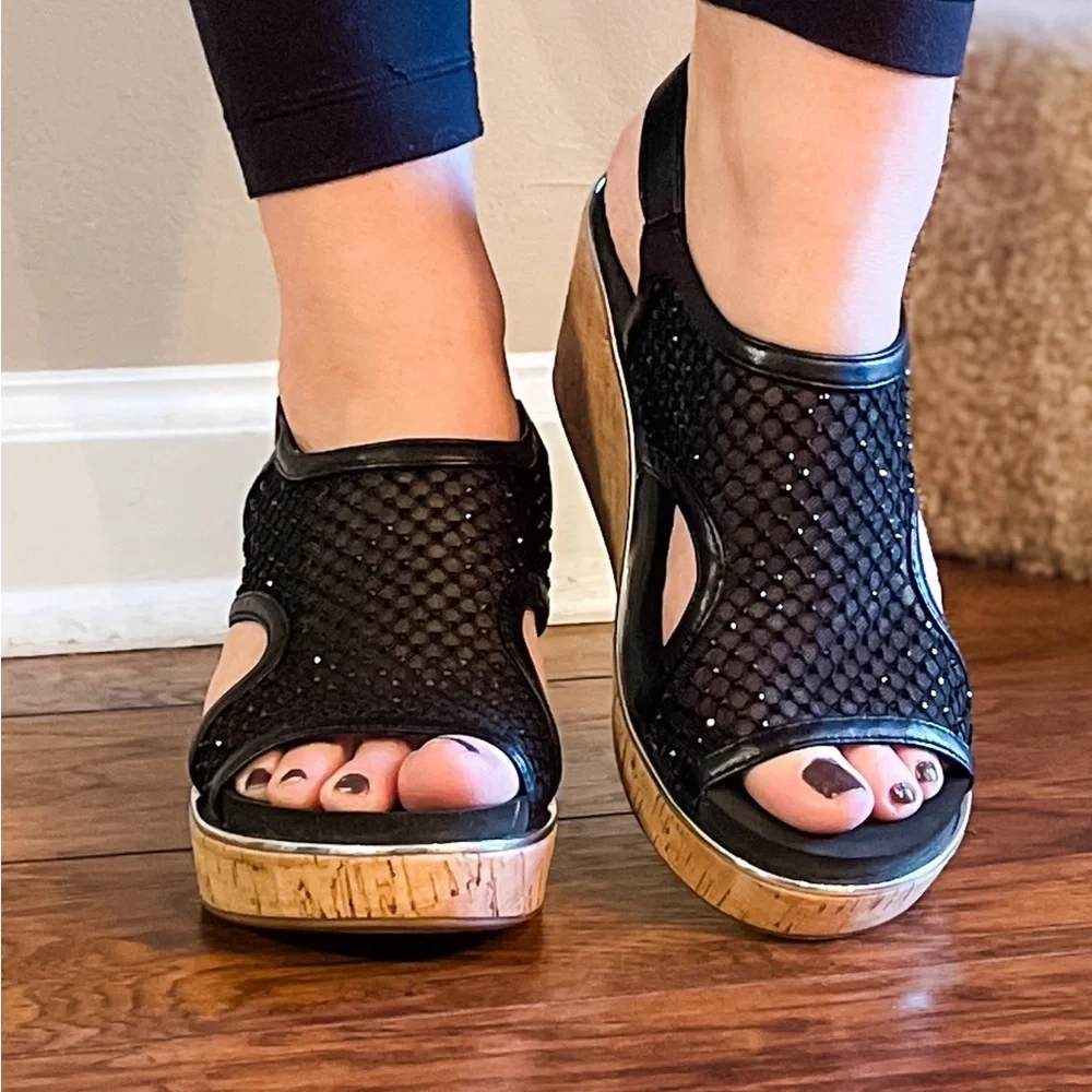 Corkys Black Mesh Cork Wedge Sandals